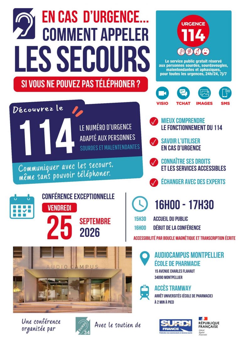 Affiche SURDI 34 : conférence sur le numéro d'urgence 114, vendredi 25 septembre 2026 à Montpellier.